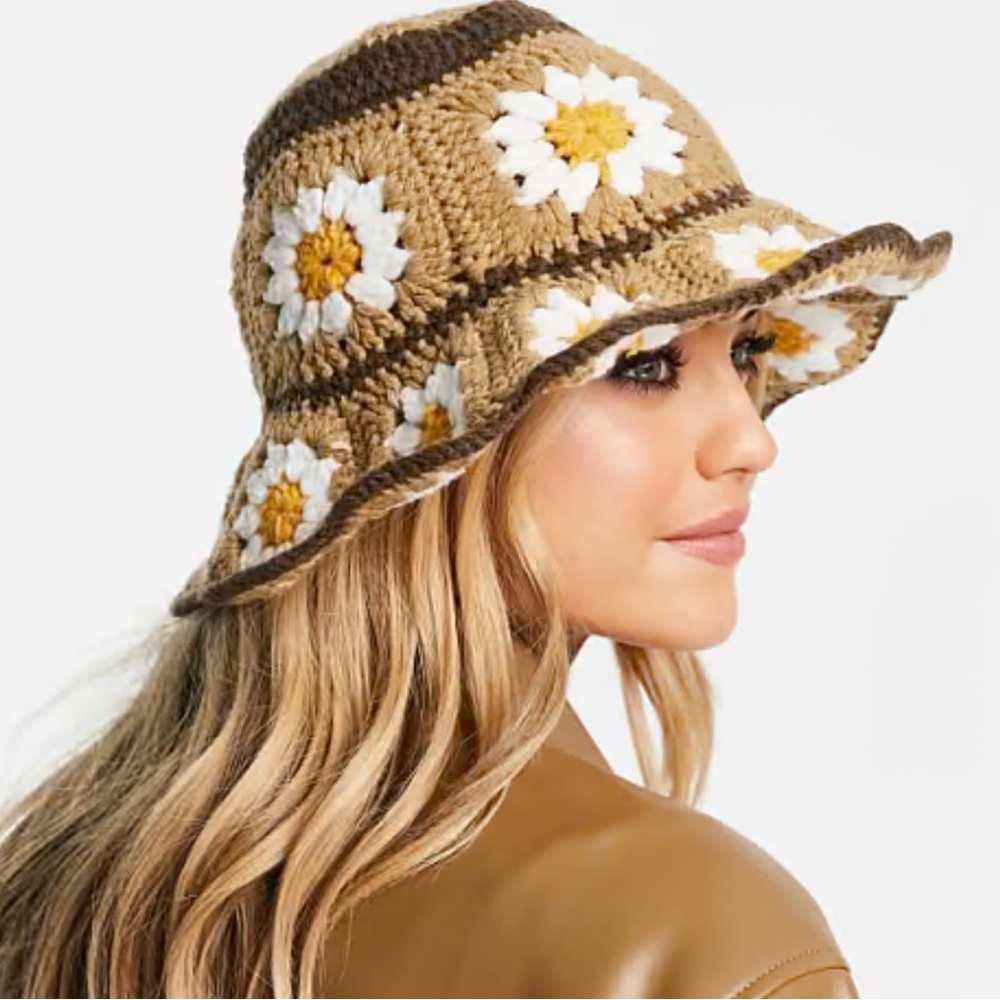 ASOS Brown and White Crochet Bucket Hat with Floral Design